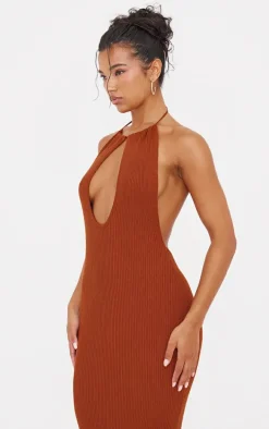 Rust Fine Knit Halterneck Maxi Dress