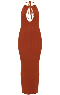 Rust Fine Knit Halterneck Maxi Dress