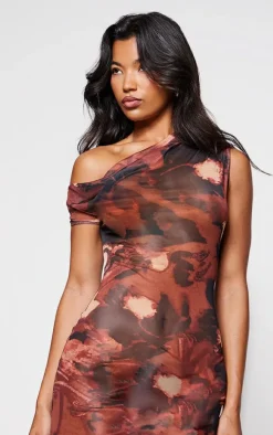 Rust Floral Abstract Printed Mesh Asymmetric Maxi Dress