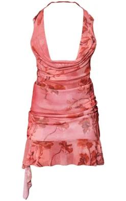 Rust Floral Mesh Cowl Neck Mini Dress