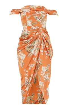 Rust Floral Print Satin Draped Bardot Midi Dress