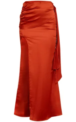Rust Heavy Satin Knot Front Maxi Skirt