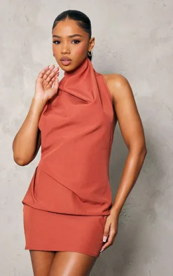 Rust High Neck Cowl Backless Bodycon Dress