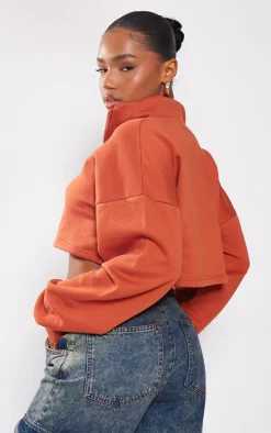 Rust High Neck Zip Up Cropped Sweatshirt