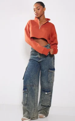 Rust High Neck Zip Up Cropped Sweatshirt