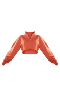 Rust High Neck Zip Up Cropped Sweatshirt