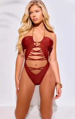 Rust Lace Up Chain Detail Cut Out Swimsuit