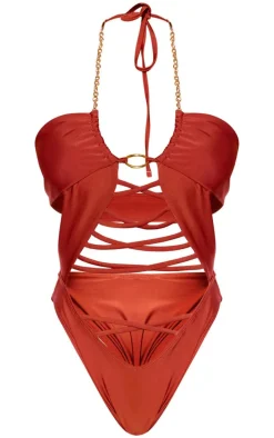 Rust Lace Up Chain Detail Cut Out Swimsuit