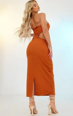 Rust Linen Bandeau Side Cut Out Maxi Dress