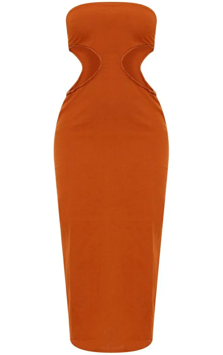 Rust Linen Bandeau Side Cut Out Maxi Dress