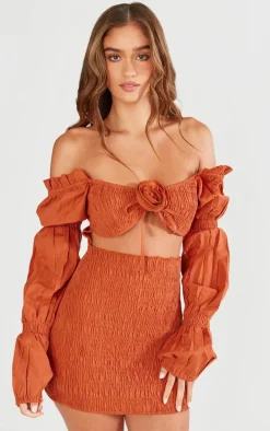 Rust Linen Blend Square Neck Puff Sleeve Mini Dress