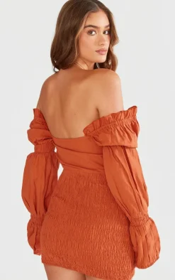 Rust Linen Blend Square Neck Puff Sleeve Mini Dress