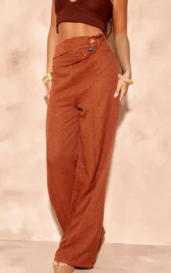Rust Linen Look Bead Trim Belter Wide Leg Pants