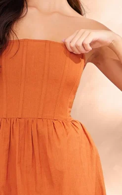 Rust Linen Look Corset Bandeau Maxi Dress