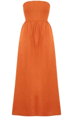 Rust Linen Look Corset Bandeau Maxi Dress