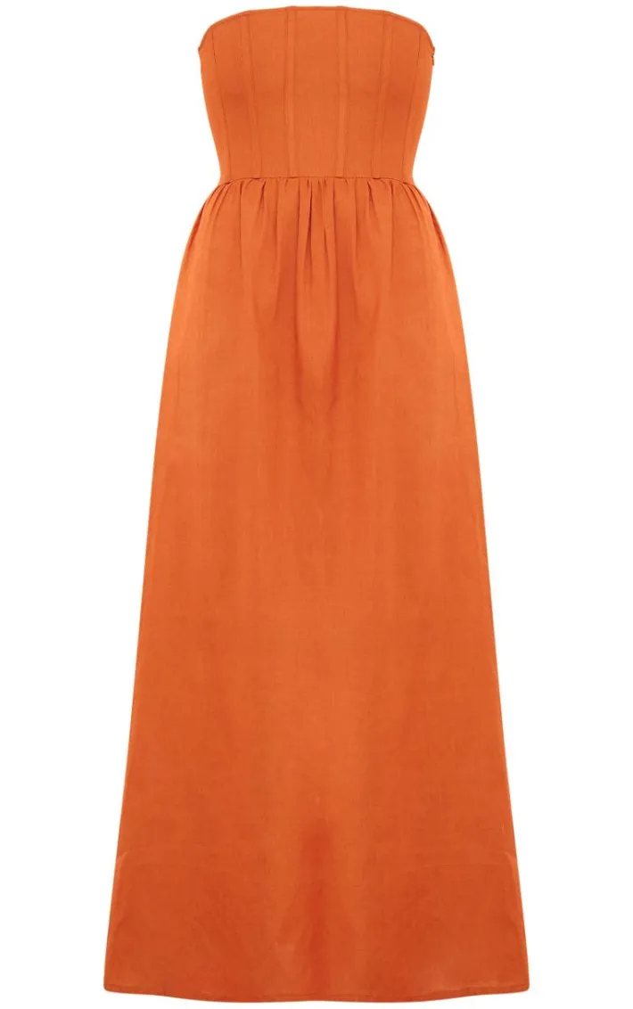 Rust Linen Look Corset Bandeau Maxi Dress