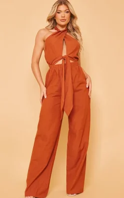 Rust Linen Look Cross Halter Detail Cut Out Jumpsuit
