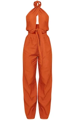 Rust Linen Look Cross Halter Detail Cut Out Jumpsuit