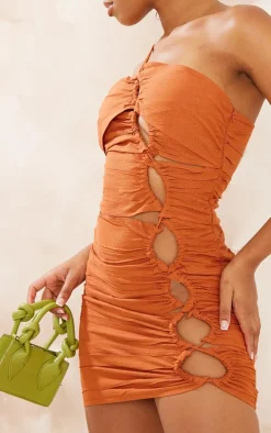 Rust Linen Look Cut Out Ruched Detail One Shoulder Bodycon Dress