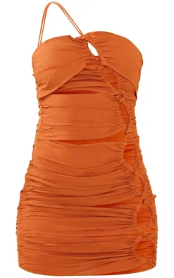 Rust Linen Look Cut Out Ruched Detail One Shoulder Bodycon Dress