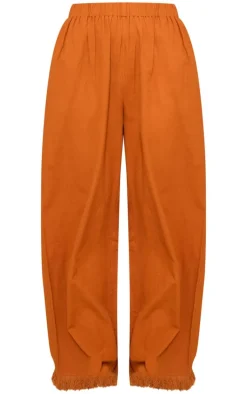 Rust Linen Look Frayed Hem Wide Leg Pants