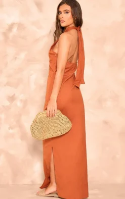 Rust Linen Look Knot Halterneck Maxi Dress