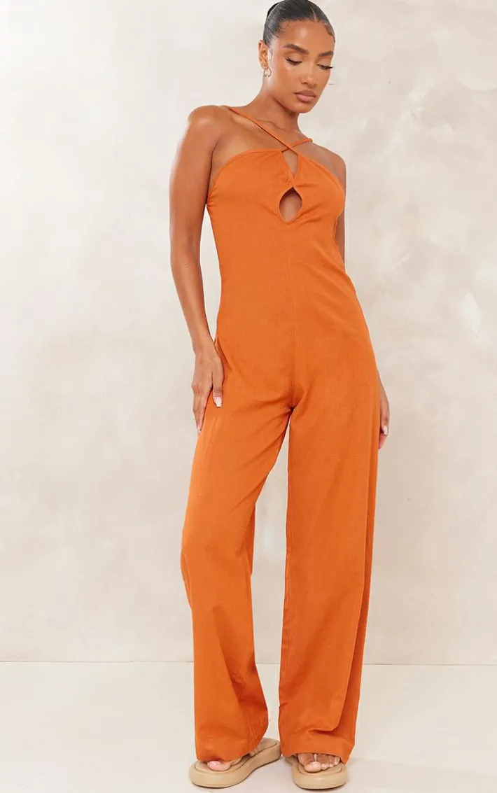 Rust Linen Look Oversized Cross Neck Wide Leg Jumpsuit