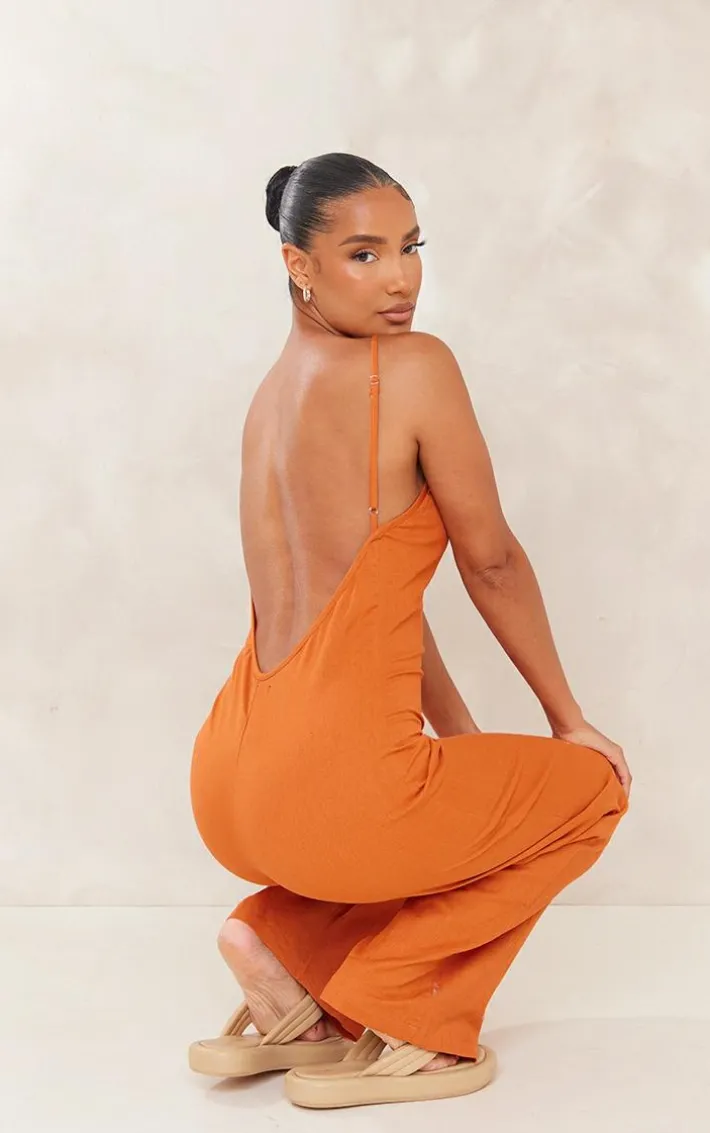 Rust Linen Look Oversized Cross Neck Wide Leg Jumpsuit