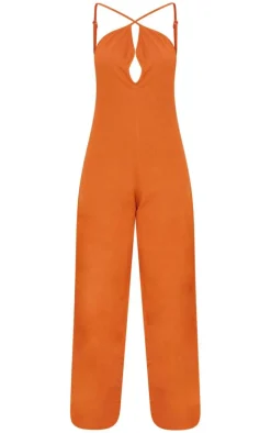 Rust Linen Look Oversized Cross Neck Wide Leg Jumpsuit