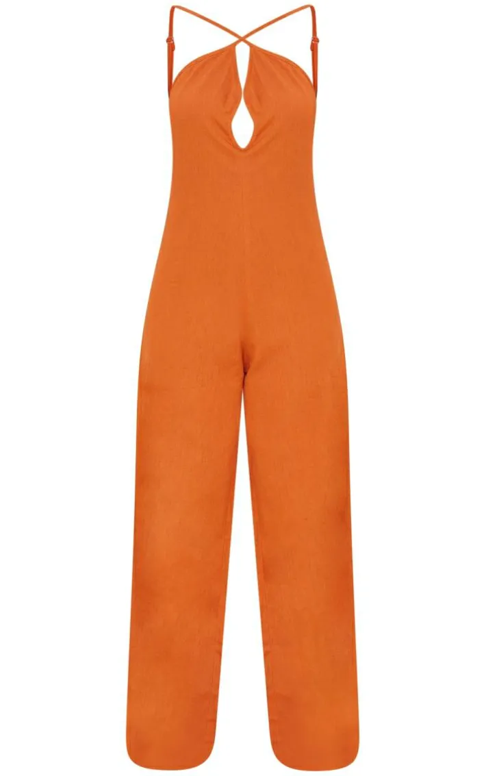 Rust Linen Look Oversized Cross Neck Wide Leg Jumpsuit