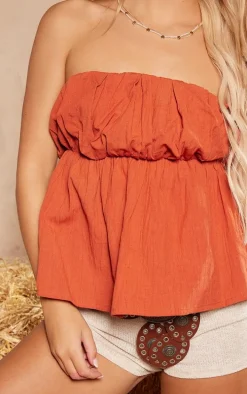 Rust Linen Look Pleated Puff Bandeau Crop Top