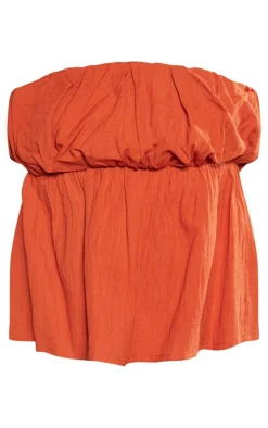 Rust Linen Look Pleated Puff Bandeau Crop Top