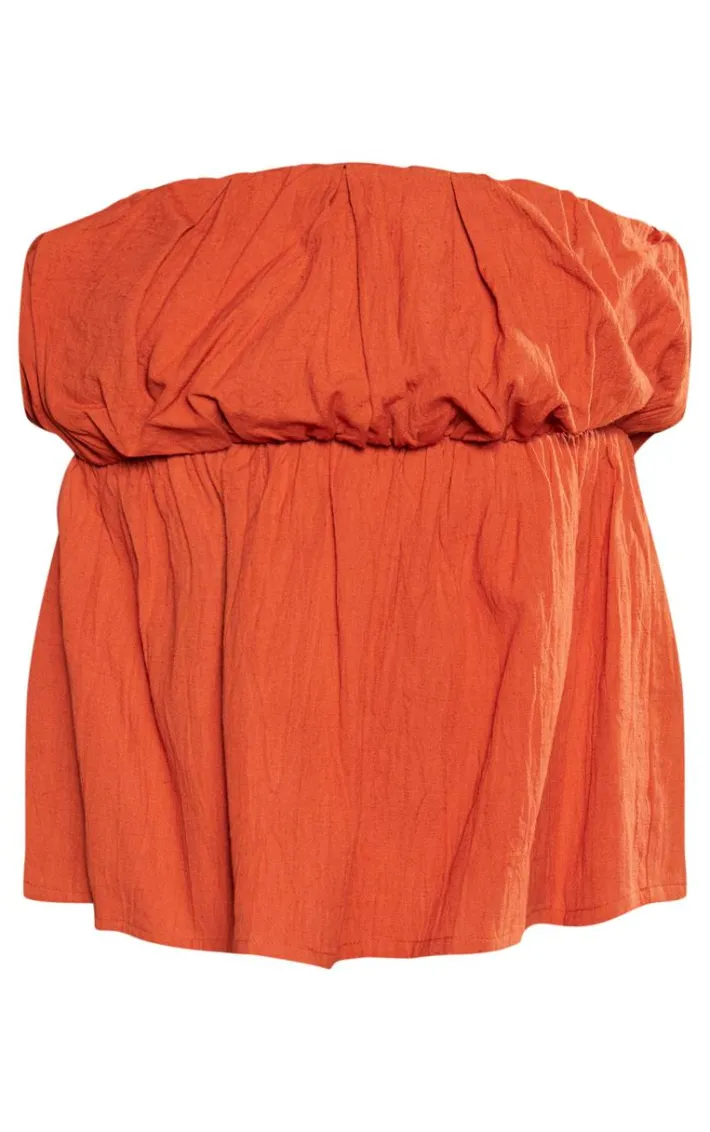 Rust Linen Look Pleated Puff Bandeau Crop Top