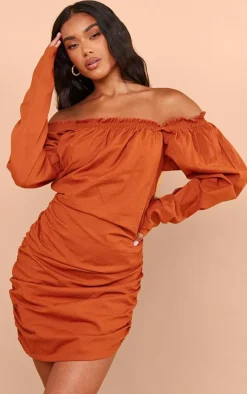 Rust Linen Look Ruched Bardot Bodycon Dress