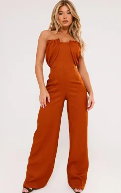 Rust Linen Look Woven Bandeau Boning Detail Jumpsuit