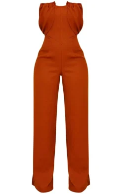 Rust Linen Look Woven Bandeau Boning Detail Jumpsuit