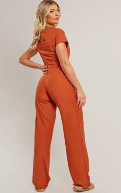 Rust Linen Popper Boning Detail Short Sleeve Jumpsuit