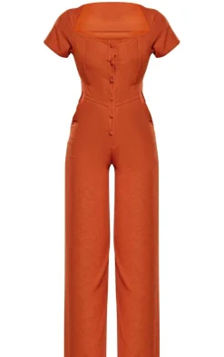 Rust Linen Popper Boning Detail Short Sleeve Jumpsuit