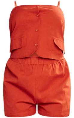 Rust Linen Strappy Button Down Romper