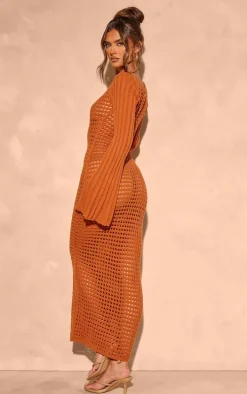 Rust Open Crochet Scoop Back Maxi Dress
