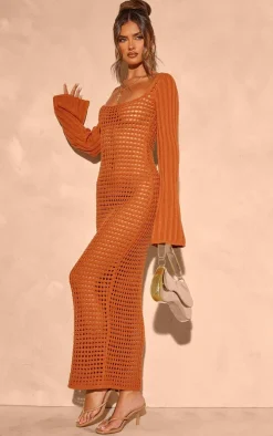 Rust Open Crochet Scoop Back Maxi Dress