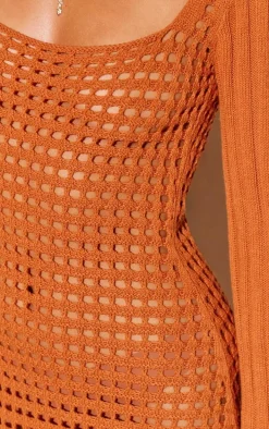 Rust Open Crochet Scoop Back Maxi Dress