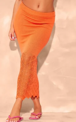Rust Patterned Crochet Knit Low Rise Maxi Skirt