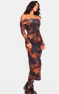 Rust Printed Mesh Bardot Long Sleeve Maxi Dress