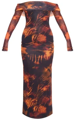 Rust Printed Mesh Bardot Long Sleeve Maxi Dress