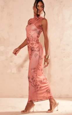 Rust Printed Mesh Overlay Maxi Dress