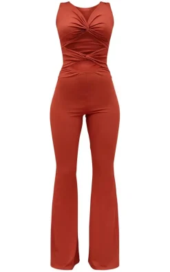 Rust Rib Twist Detail Plunge Flared Jumpsuit