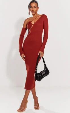 Rust Ruched Front Long Sleeve Rib Knit Maxi Dress