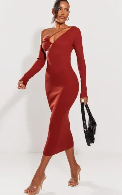 Rust Ruched Front Long Sleeve Rib Knit Maxi Dress