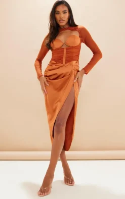Rust Satin Bust Detail Ruched Mesh Sleeve Midi Dress